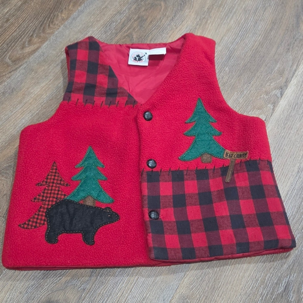 Good Lad Boys Red Fleece Vest Bear Buffalo Plaid Patchwork Size 5
